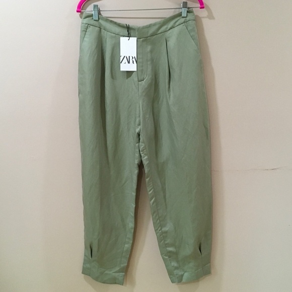 Zara Linen Blend Pleated Pants ankle Trouser green Womens medium - Picture 4 of 11